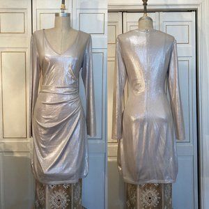 Womens Guess Metallic draped Vneck long sleeve dress in creme/silver, size 14.